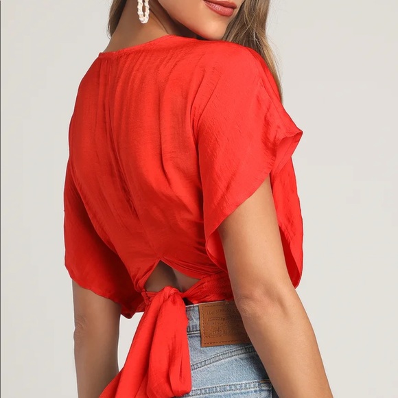 Red Tie Back Batwing-Sleeve Smocked Top - Picture 7 of 7